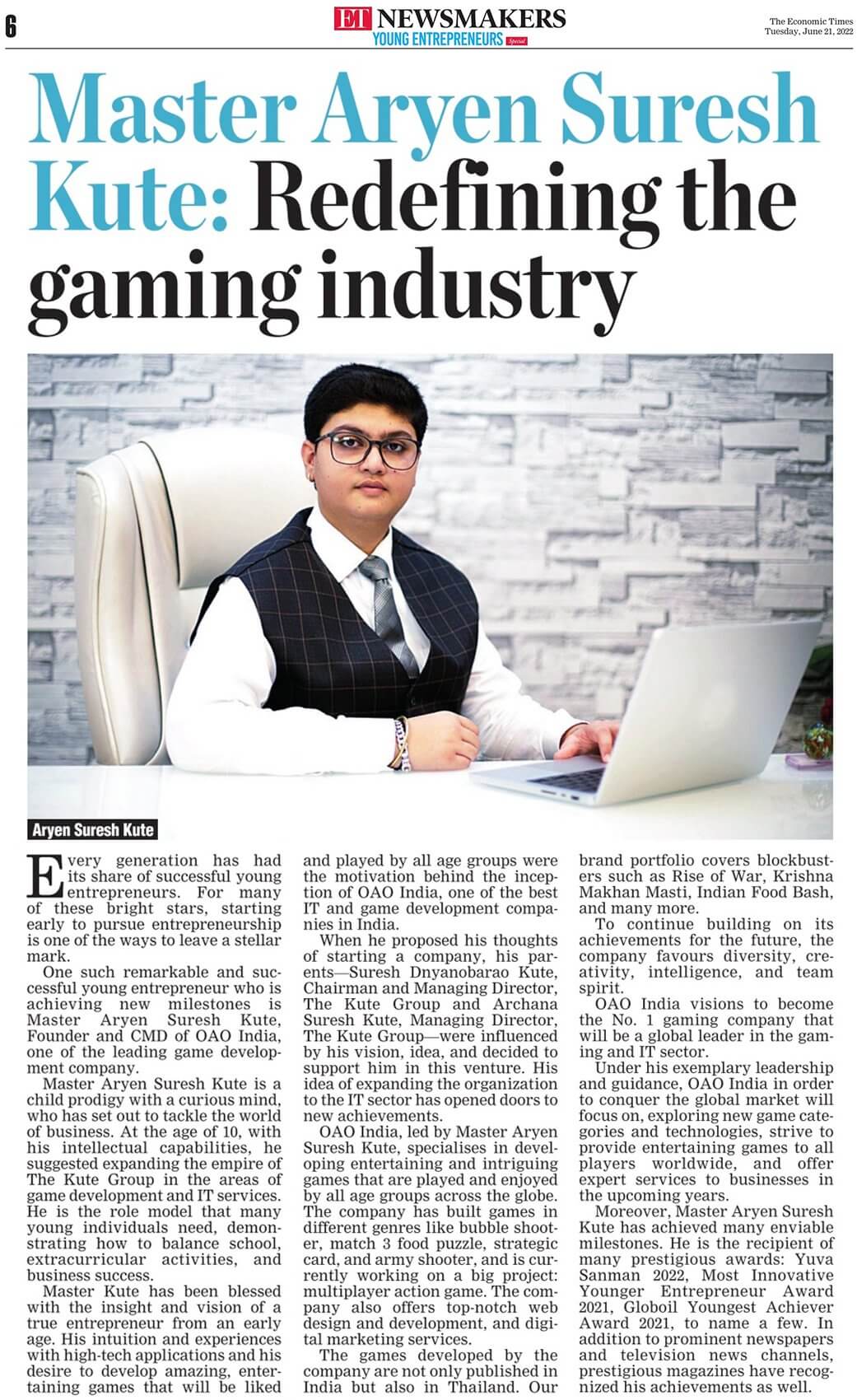 Master Aryen Suresh Kute - Redefining The Gaming Industry