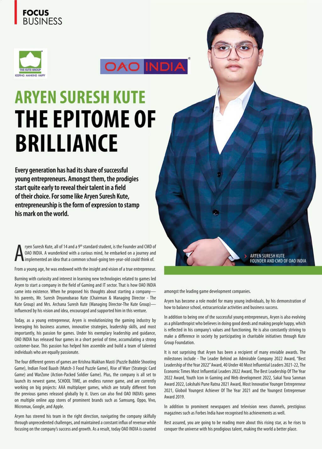 Aryen Kute featured in india today magazine 2022