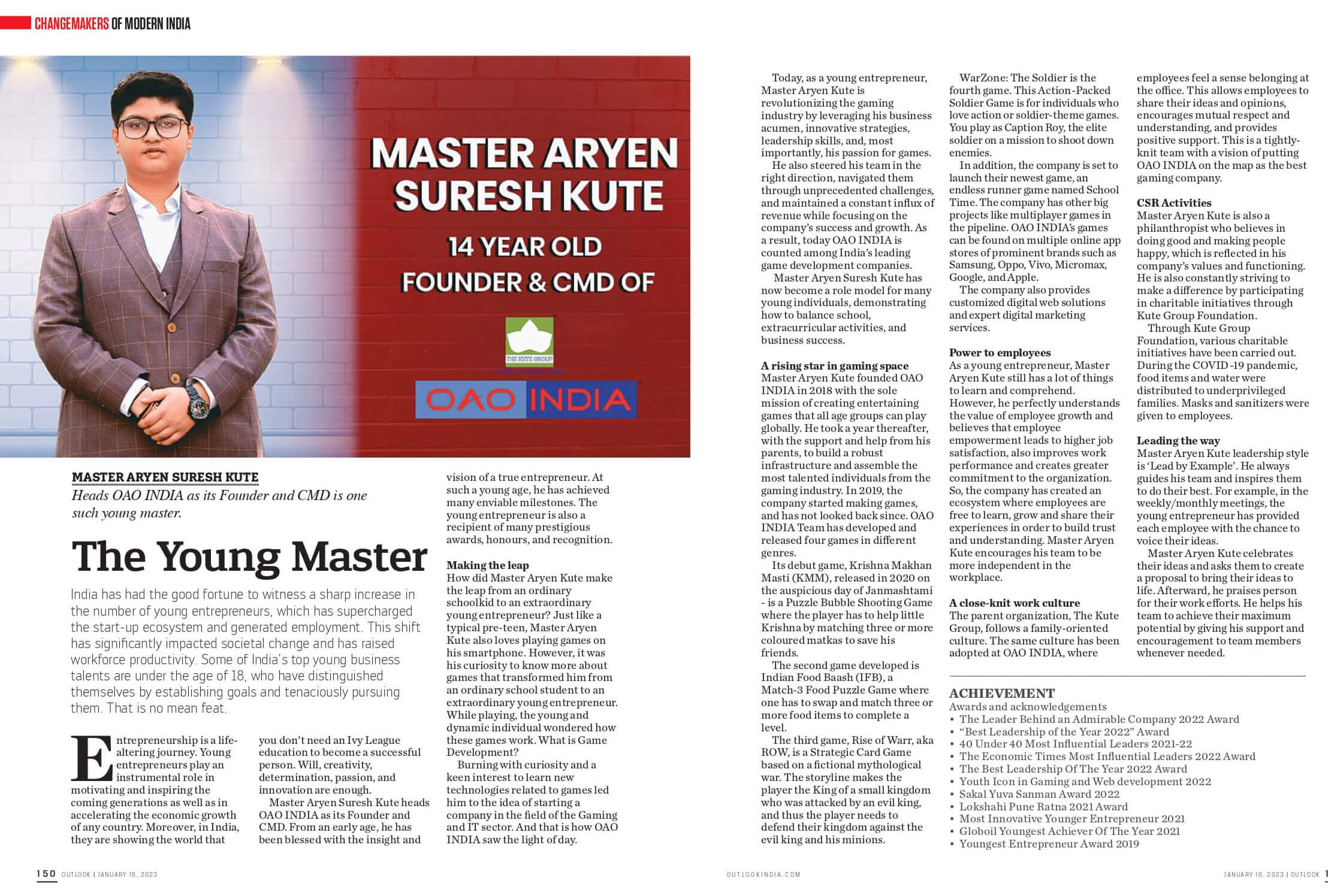 Outlook Magazine 2023 featuring Master Aryen Suresh Kute (Founder & CMD-OAO INDIA)