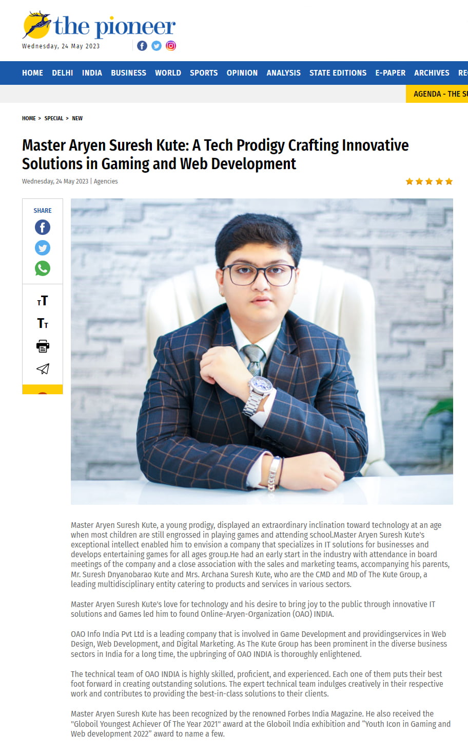 Aryen Kute (Founder & CMD-OAO INDIA) featured by the pioneer website